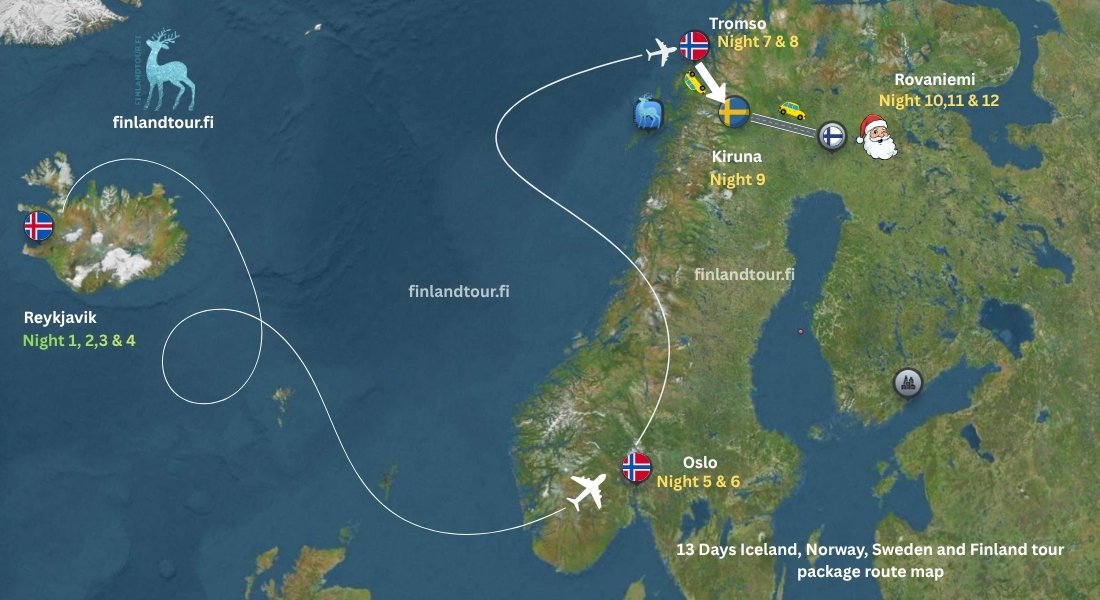 13 days Iceland, Norway, Sweden and Finland tour map showing route from Reykjavik to Oslo, Tromsø, Kiruna and Rovaniemi with Arctic travel connections.