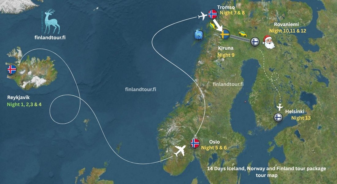 14 days Iceland, Norway and Finland tour map showing travel route from Reykjavik to Oslo, Tromsø, Kiruna, Rovaniemi and Helsinki with flight and Arctic land connections.