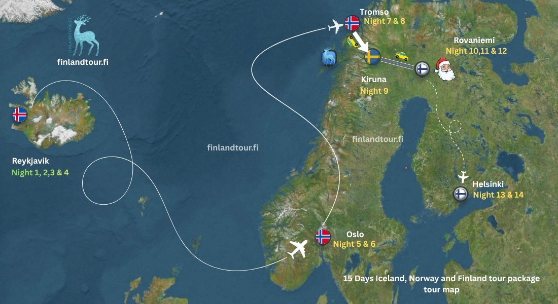 15 days Iceland, Norway and Finland tour map showing route from Reykjavik to Oslo, Tromsø, Kiruna, Rovaniemi and Helsinki with Arctic travel connections.
