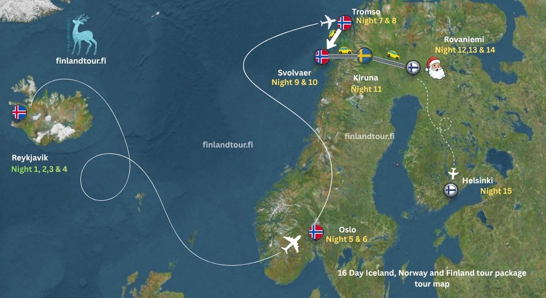 16 day Iceland, Norway and Finland tour map showing route from Reykjavik to Oslo, Tromsø, Svolvær, Kiruna, Rovaniemi and Helsinki with flights and Arctic travel connections.