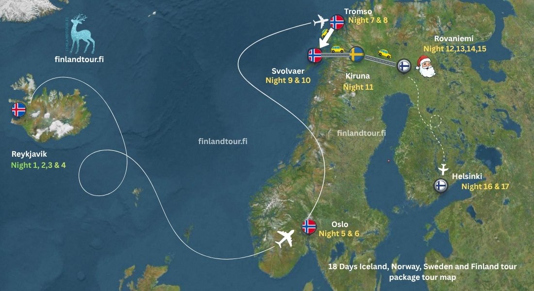 18 days Iceland, Norway, Sweden and Finland tour map showing route from Reykjavik to Oslo, Tromsø, Svolvær, Kiruna, Rovaniemi and Helsinki with flights and Arctic travel paths.