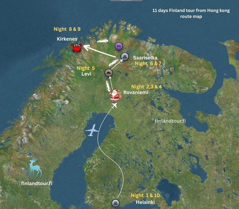 11 days Finland tour from Hong kong route map - Helsinki, Rovaniemi, Levi, Saariselka & Kirkenes