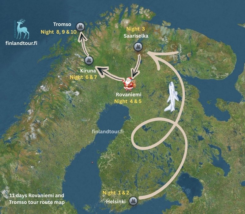 11 days Rovaniemi and Tromso tour route map