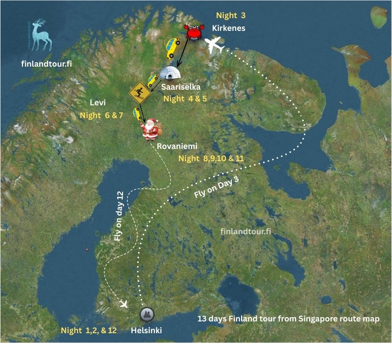 13 days Finland tour from Singapore route map