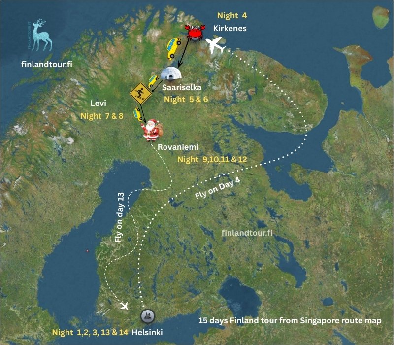 15 days Finland tour from Singapore route map
