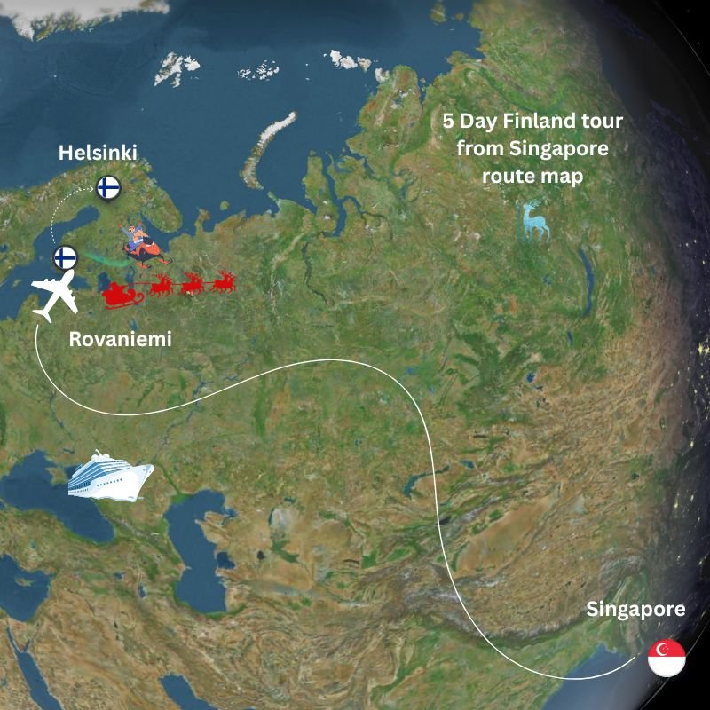 5 Day Finland tour from Singapore route map showing Singapore, Helsinki and Rovaniemi with flight route and winter experiences