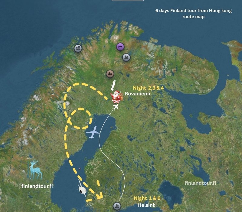 6 days Finland tour from Hong kong route map - Helsinki, Rovaniemi & Back to Helsinki