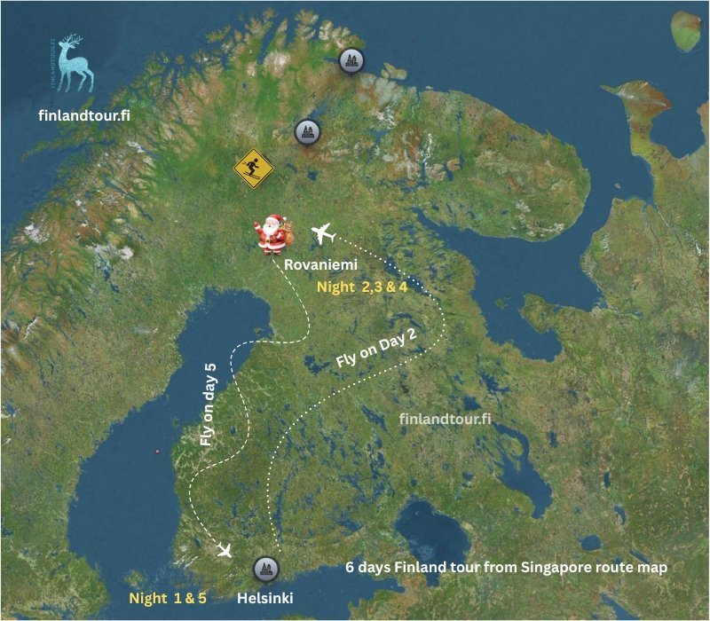 6 days Finland tour from Singapore route map