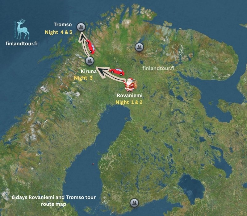 6 days Rovaniemi and Tromso tour route map
