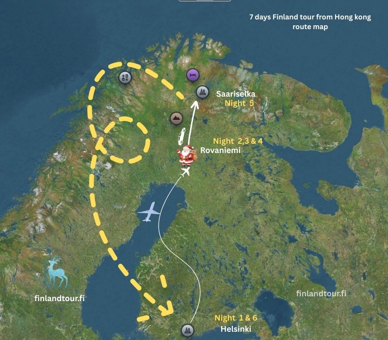 7 days Finland tour from Hong kong route map - Helsinki, Rovaniemi, Saariselka & Kirkenes