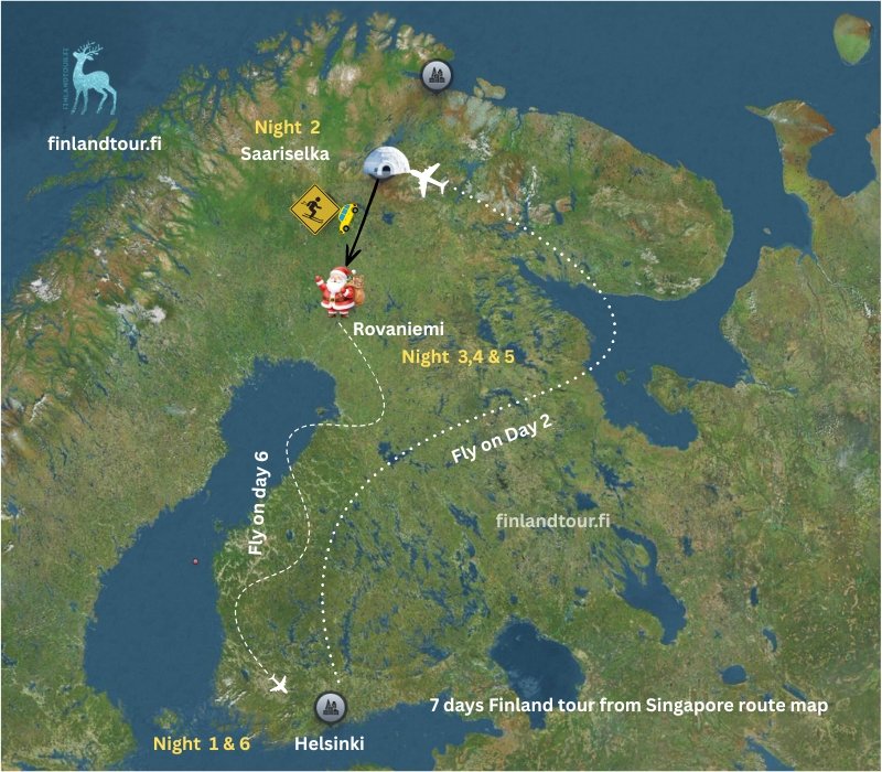 7 days Finland tour from Singapore route map