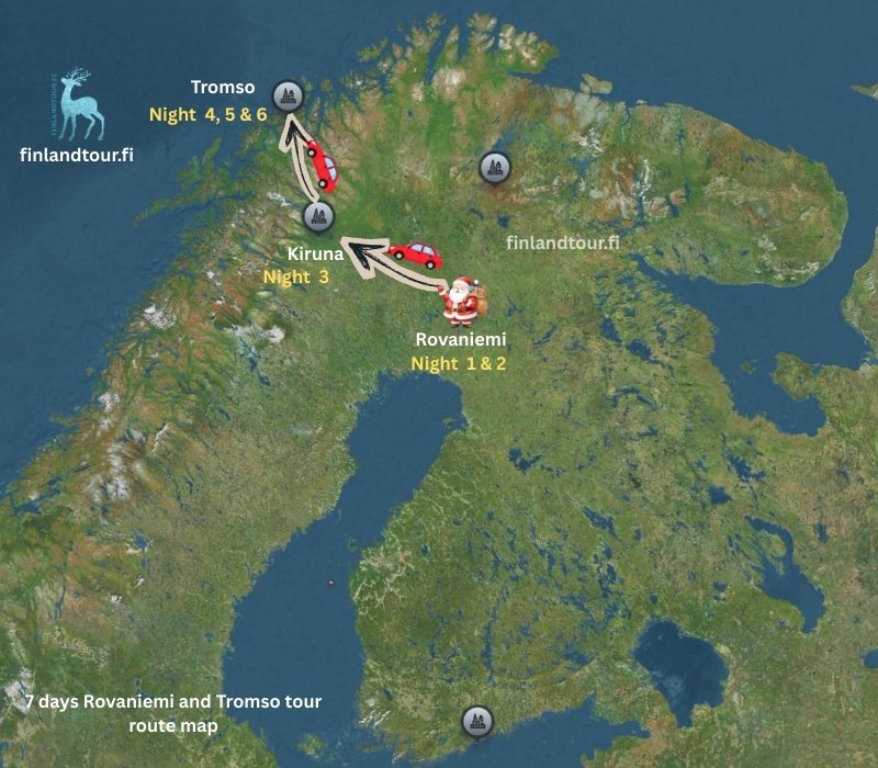 7 days Rovaniemi and Tromso tour route map