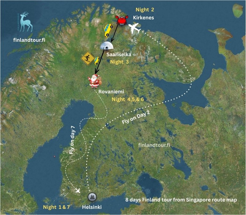 8 days Finland tour from Singapore route map