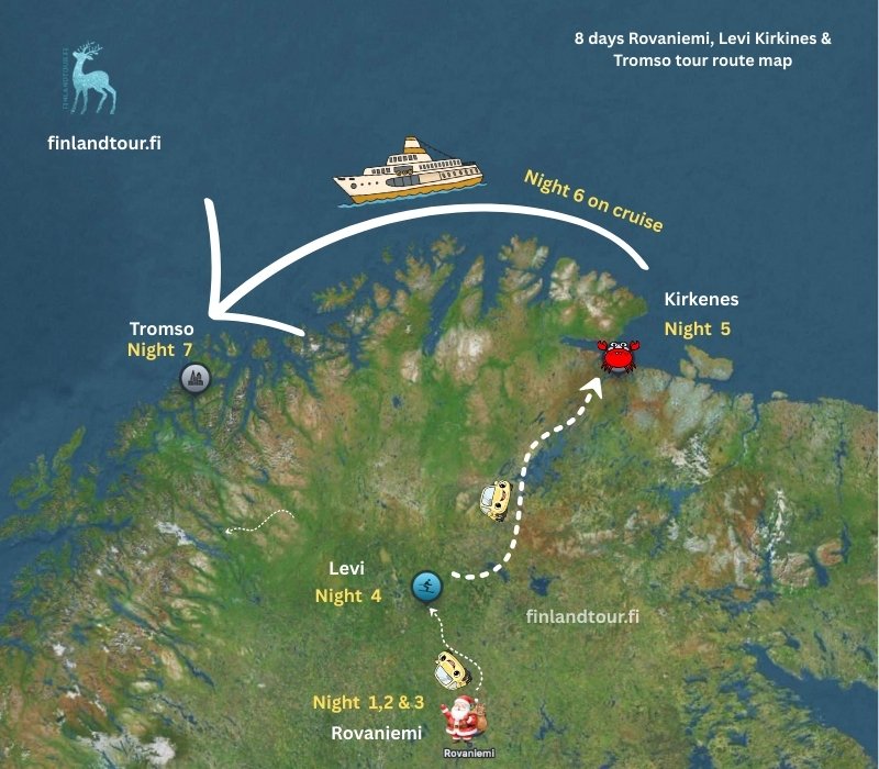 8 days Rovaniemi, Levi Kirkines & Tromso tour route map