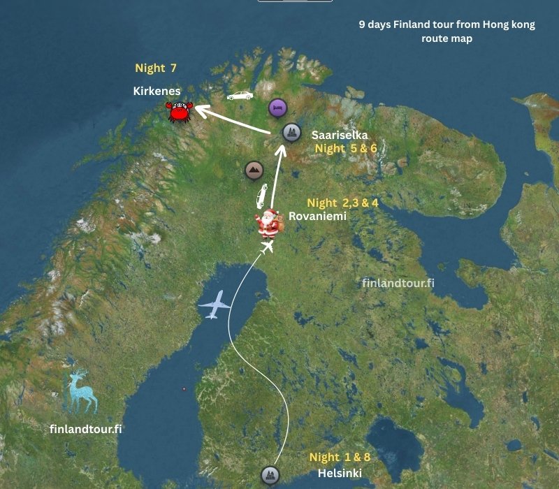9 days Finland tour from Hong kong route map - Helsinki, Rovaniemi, Saariselka & Kirkenes