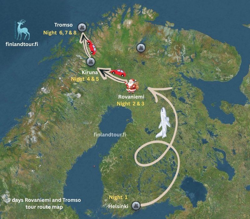 9 days Rovaniemi and Tromso tour route map