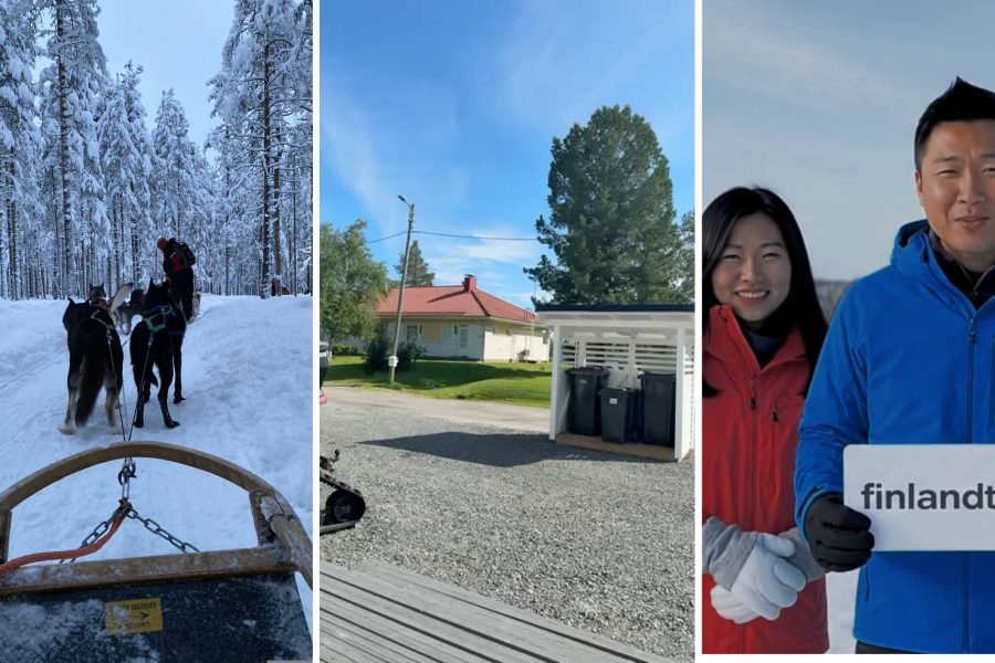 Collage of husky safari, residential housing in Rovaniemi, and Finlandtour.fi travelers in Kirkenes during the Finland & Norway tour with Northern Lights cruise