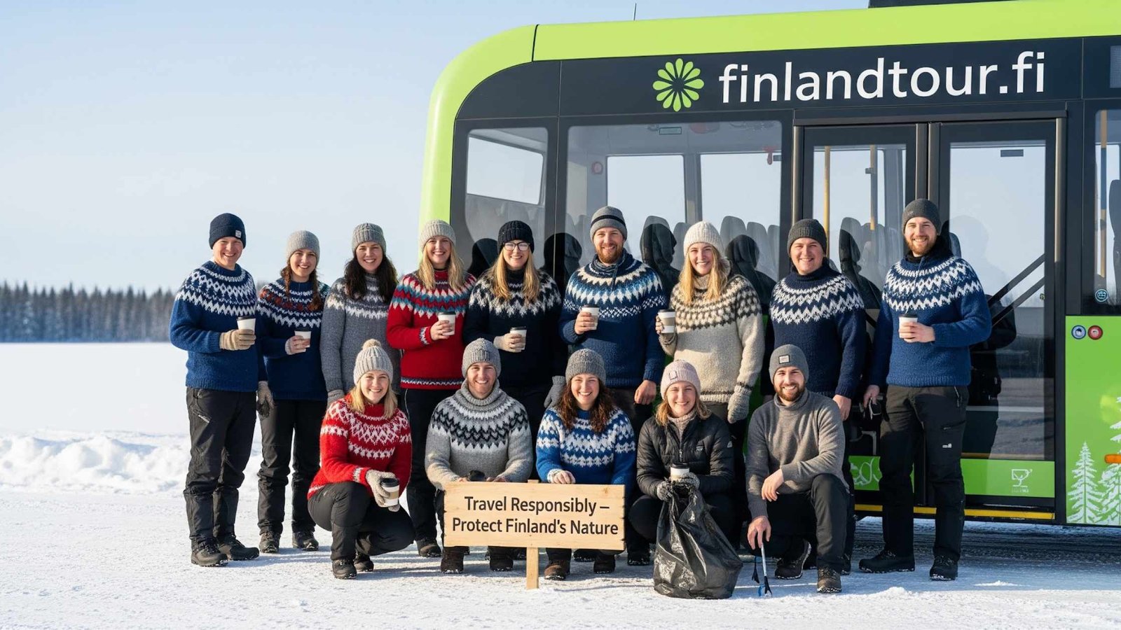 Local people and FinlandTour.fi team posing behind a wooden board that reads “Travel Responsibly – Protect Finland’s Nature,” with an electric bus branded FinlandTour.fi in the background, highlighting Our Commitment to Responsible Travel in Finland | FinlandTour.fi