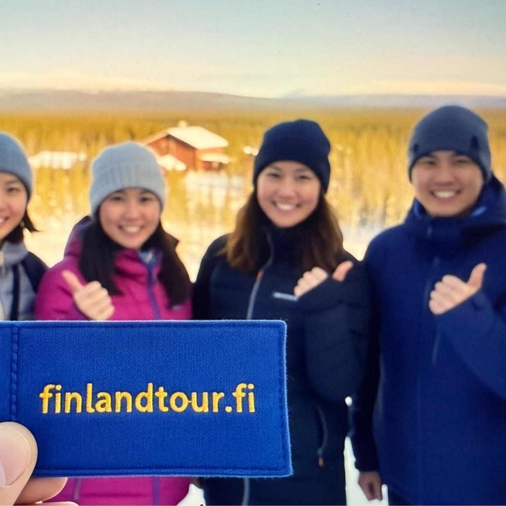Group of happy tourists in Finland, booked through finlandtour.fi, enjoying their 8 nights 9 days Finland tour from Singapore.