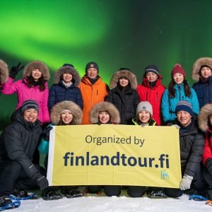 Group of travelers in Rovaniemi enjoying Northern Lights during 11 days Rovaniemi and Tromso tour