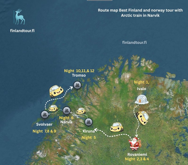 Route map Best Finland and norway tour with Arctic train in Narvik