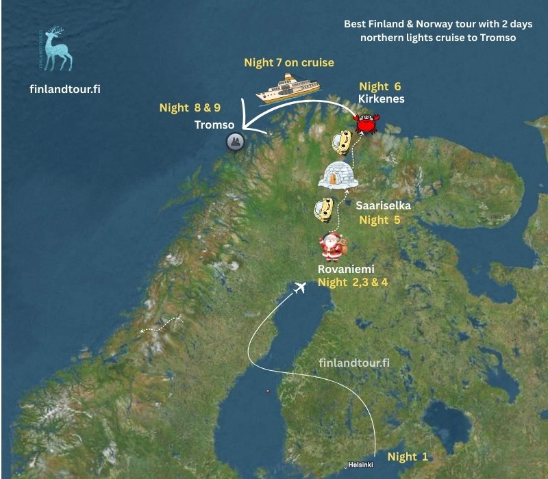 Route map of Best Finland & Norway tour with 2 days northern lights cruise to Tromso