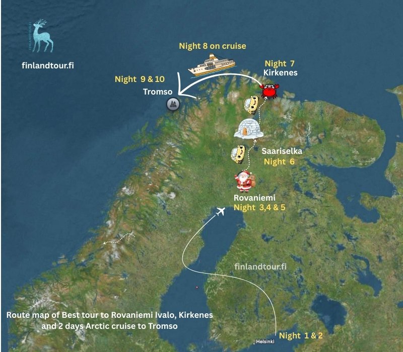 Route map of Best tour to Rovaniemi Ivalo, Kirkenes and 2 days Arctic cruise to Tromso