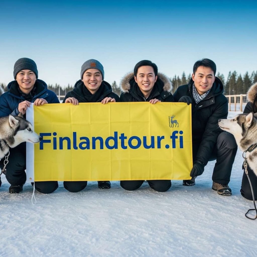 Tourists posing with a finlandtour.fi banner at a husky farm in Rovaniemi during their 6 days Rovaniemi and Tromso tour