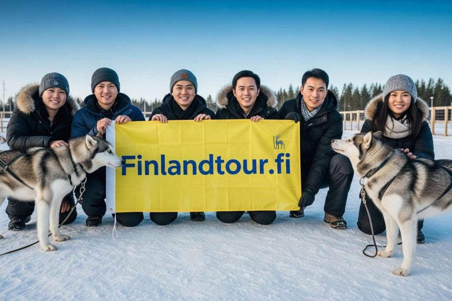 Tourists posing with a finlandtour.fi banner at a husky farm in Rovaniemi during their 6 days Rovaniemi and Tromso tour
