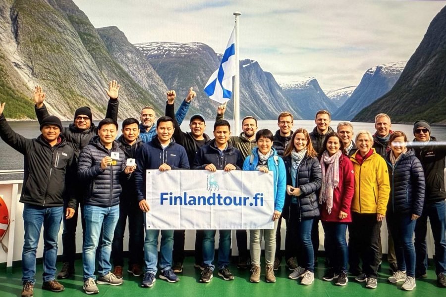 Travelers enjoying the scenic deck views aboard Havila Voyage cruise on the 14 days Finland and Norway tour with Havila Arctic cruise