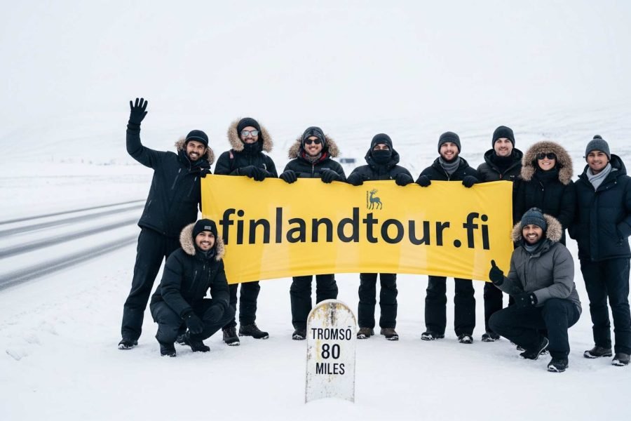 Travelers posing at a milestone showing 80 miles to Tromso during the 10 days Rovaniemi and Tromso tour