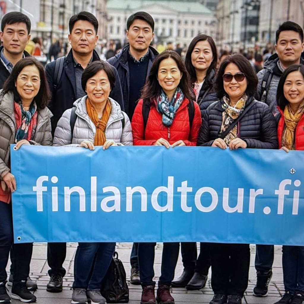Group of Asian travelers posing cheerfully on a snowy street in Helsinki Central during their 11 days Finland tour from Singapore.