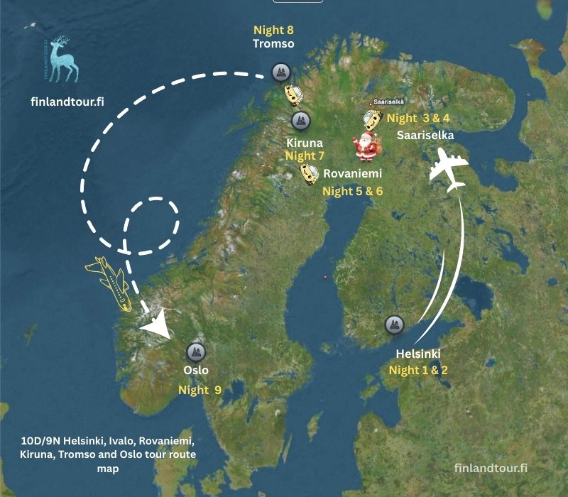 10D9N Helsinki, Ivalo, Rovaniemi, Kiruna, Tromso and Oslo tour route map