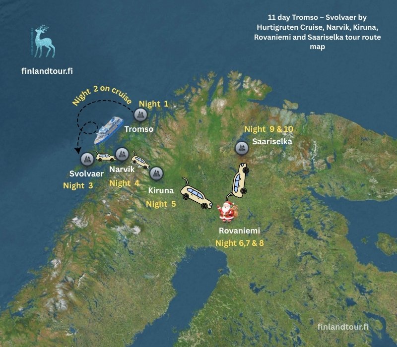 11 day Tromso – Svolvaer by Hurtigruten Cruise, Narvik, Kiruna, Rovaniemi and Saariselka tour route map