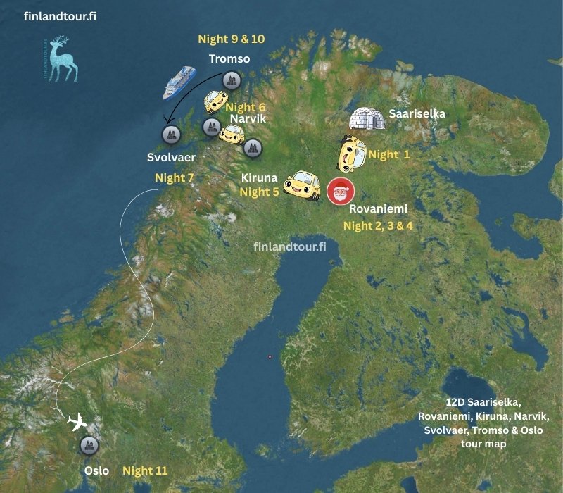 12D Saariselka, Rovaniemi, Kiruna, Narvik, Svolvaer, Tromso & Oslo tour map