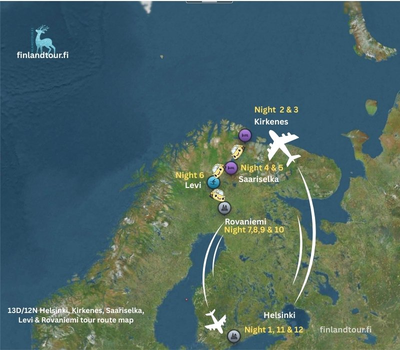 13D/12N Helsinki, Kirkenes, Saariselka, Levi & Rovaniemi tour route map
