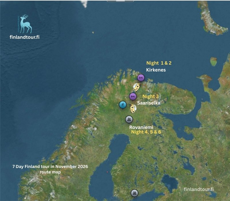 7 Day Finland tour in November 2026 route map