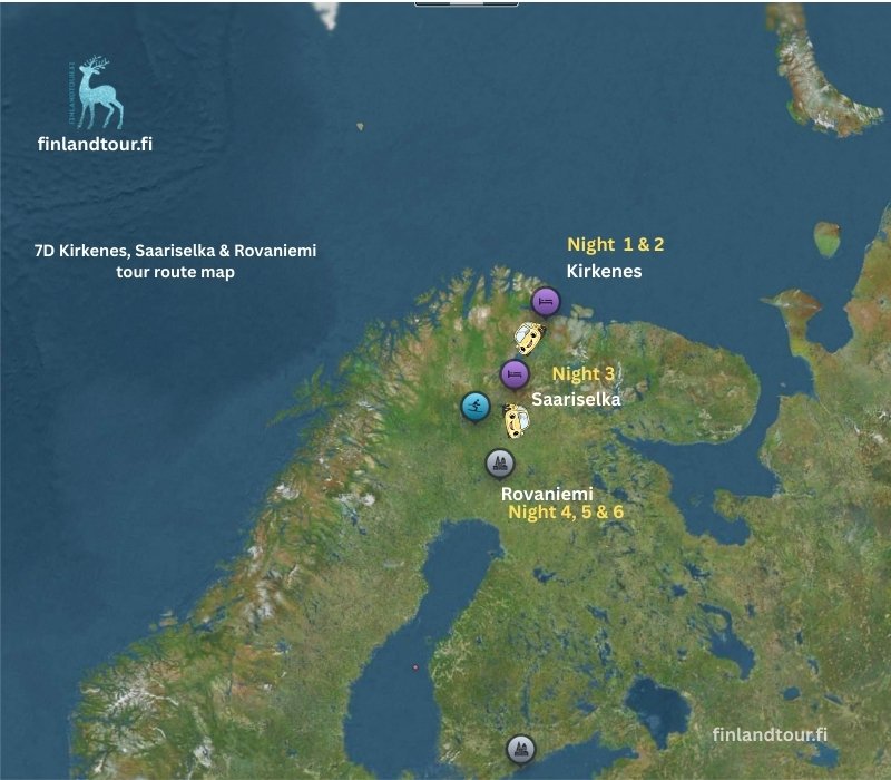 7D Kirkenes, Saariselka & Rovaniemi tour route map