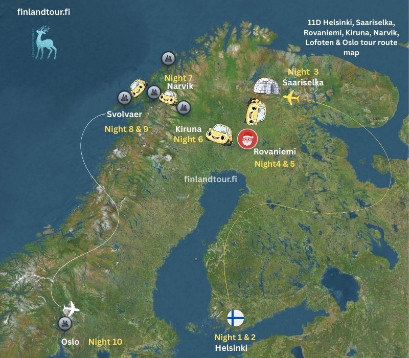 11D Helsinki, Saariselka, Rovaniemi, Kiruna, Narvik, Lofoten & Oslo tour route map