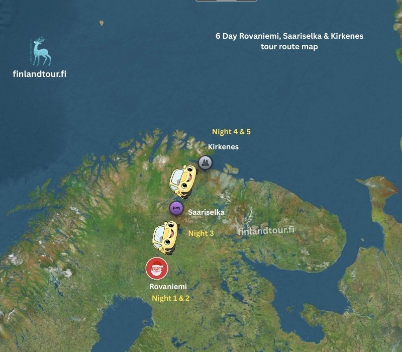 6 Day Rovaniemi, Saariselka & Kirkenes tour route map