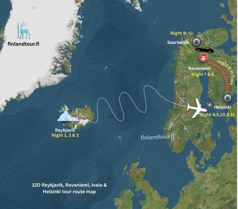 12D Reykjavik, Rovaniemi, Ivalo & Helsinki tour route map