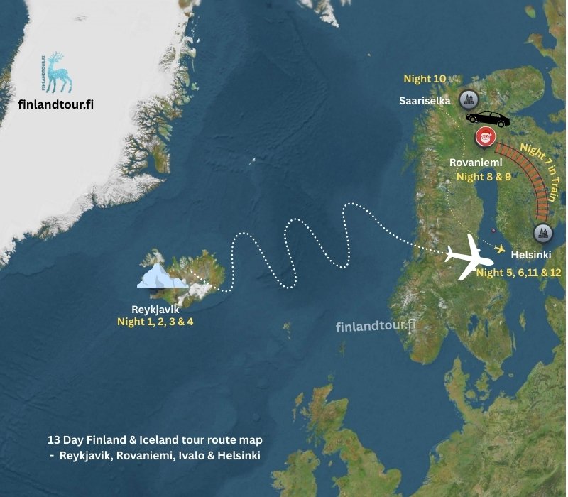 13 Day Finland & Iceland tour route map - Reykjavik, Rovaniemi, Ivalo & Helsinki