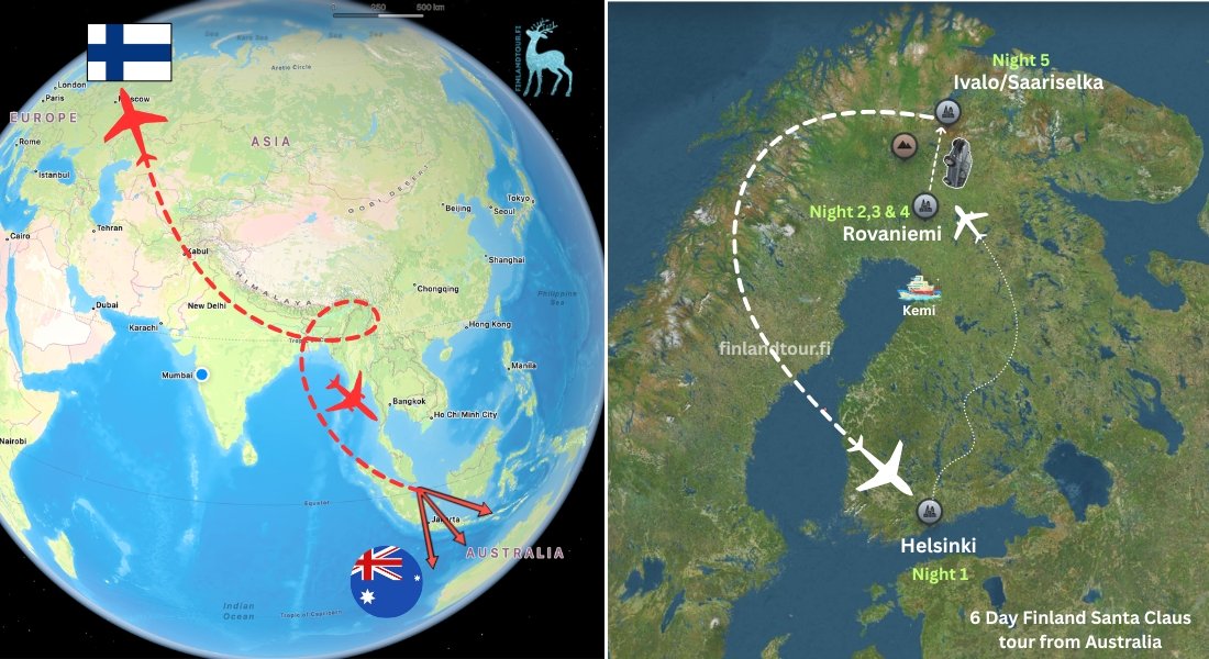 Route map of 6D/5N Arctic tour of Finland from Australia showing Helsinki, Rovaniemi, Kemi Icebreaker excursion, and Saariselkä in Finnish Lapland.