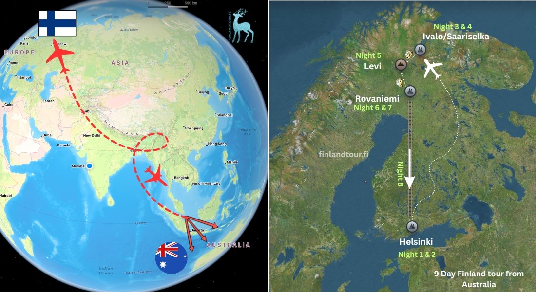 Route map of 9 day Finland Lapland tour from Australia covering Helsinki, Saariselkä, Levi and Rovaniemi with overnight train route back to Helsinki