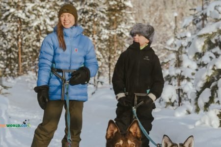 Guests preparing for Husky sledge while on their 8 Day Finland winter tour from Australia