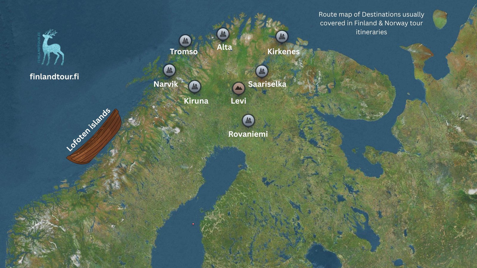 Location on map of Destinations usually covered in Finland & Norway tour itineraries