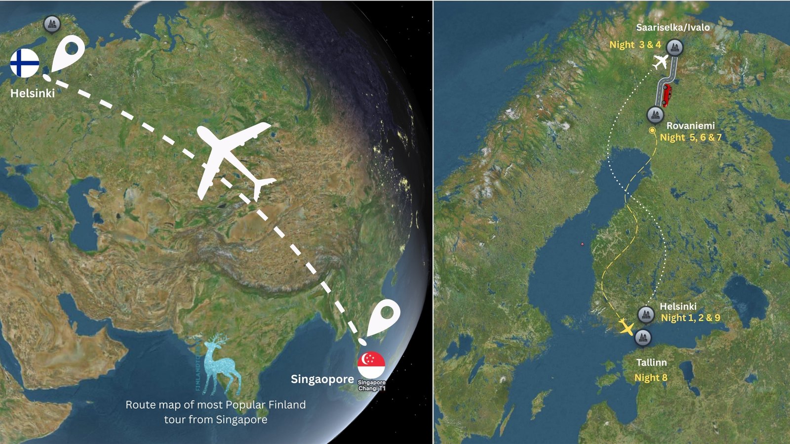 Route map of most Popular Finland tour from Singapore