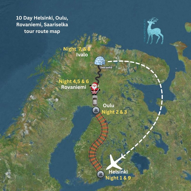 10 Day Finland tour route map covering Helsinki, Oulu, Rovaniemi, and Saariselka with scenic Arctic travel route.