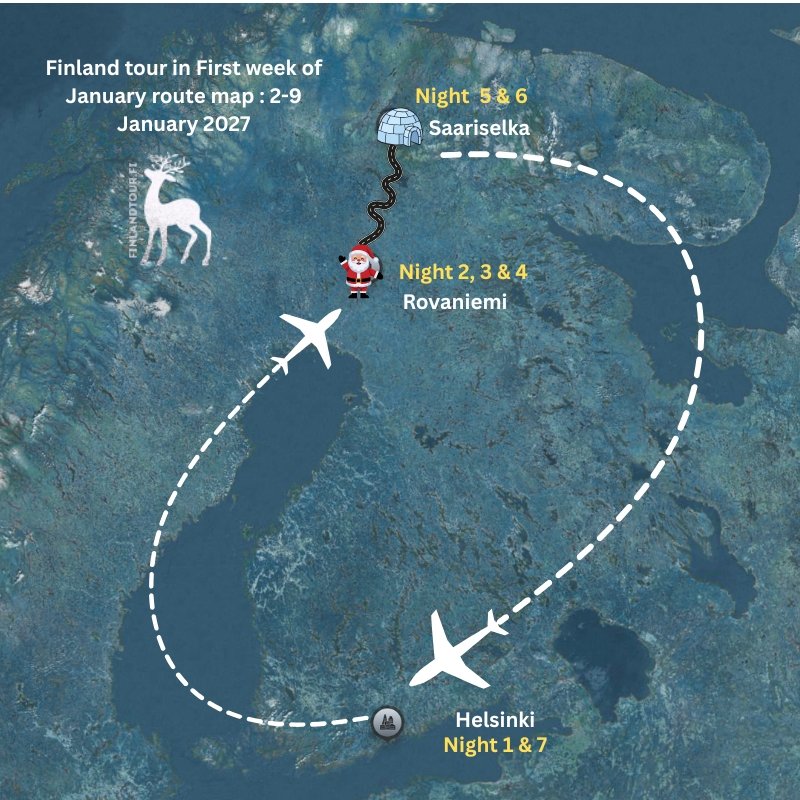 Finland tour in First week of January route map 2-9 January 2027