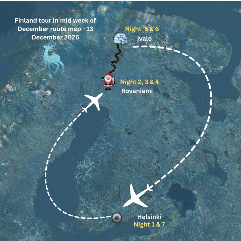 Route map of an 8-day Finland tour starting from Helsinki, traveling to Rovaniemi and Ivalo (Saariselkä), and returning to Helsinki, showing nights spent in each destination.